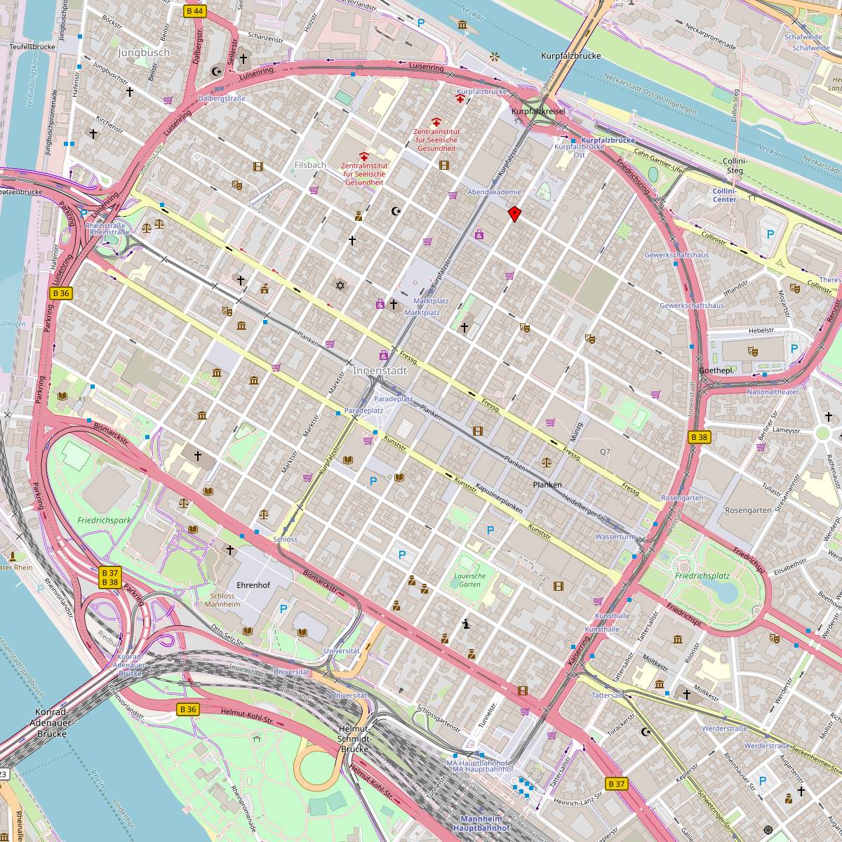 Stadtplan Mannheim Innenstadt mit Markierung des Roten Ochsen